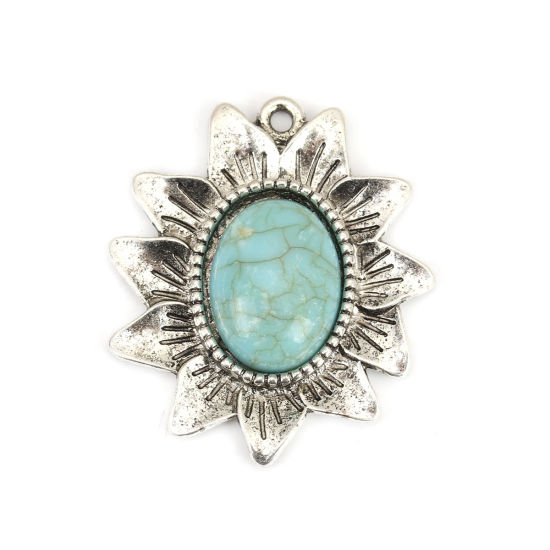 Image de Pendentifs Style Bohème en Alliage de Zinc+Acrylique Fleur Argent Vieilli Bleu-Vert Imitation Turquoise 34mm x 29mm, 5 Pcs