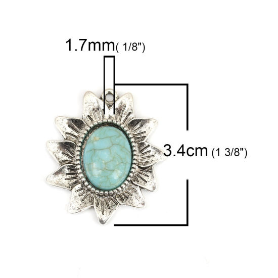 Image de Pendentifs Style Bohème en Alliage de Zinc+Acrylique Fleur Argent Vieilli Bleu-Vert Imitation Turquoise 34mm x 29mm, 5 Pcs