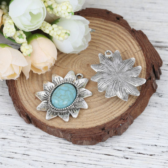 Image de Pendentifs Style Bohème en Alliage de Zinc+Acrylique Fleur Argent Vieilli Bleu-Vert Imitation Turquoise 34mm x 29mm, 5 Pcs