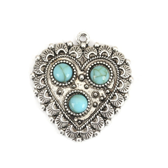 Image de Pendentifs Style Bohème en Alliage de Zinc+Acrylique Cœur Argent Vieilli Bleu-Vert Motif Sculpté Imitation Turquoise 35mm x 32mm, 5 Pcs