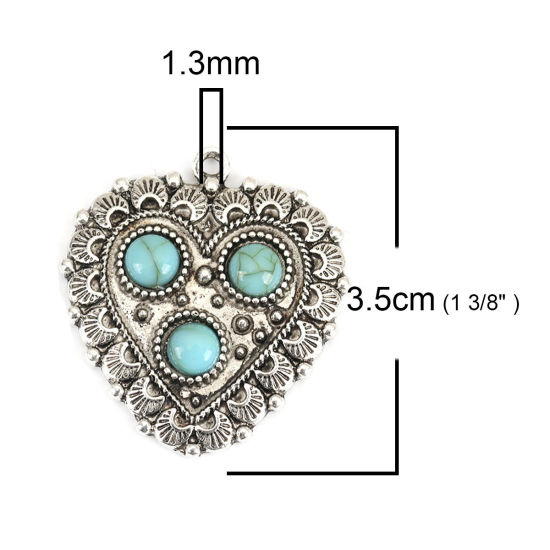 Image de Pendentifs Style Bohème en Alliage de Zinc+Acrylique Cœur Argent Vieilli Bleu-Vert Motif Sculpté Imitation Turquoise 35mm x 32mm, 5 Pcs