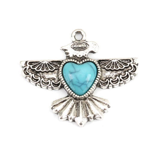 Image de Pendentifs Style Bohème en Alliage de Zinc+Acrylique Aigle Argent Vieilli Bleu-Vert Cœur Imitation Turquoise 34mm x 28mm, 5 Pcs