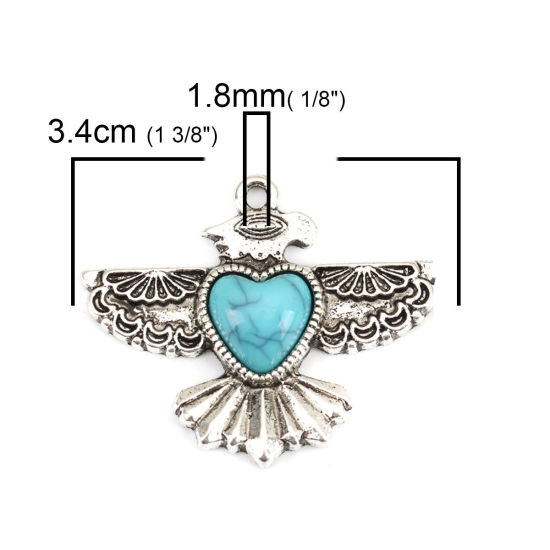 Image de Pendentifs Style Bohème en Alliage de Zinc+Acrylique Aigle Argent Vieilli Bleu-Vert Cœur Imitation Turquoise 34mm x 28mm, 5 Pcs