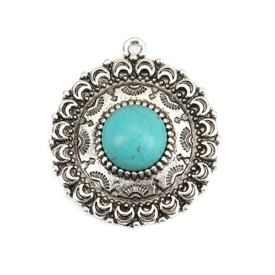 Image de Pendentifs Style Bohème en Alliage de Zinc+Acrylique Rond Argent Vieilli Bleu-Vert Motif Sculpté Imitation Turquoise 34mm x 30mm, 5 Pcs