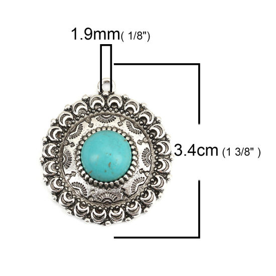 Image de Pendentifs Style Bohème en Alliage de Zinc+Acrylique Rond Argent Vieilli Bleu-Vert Motif Sculpté Imitation Turquoise 34mm x 30mm, 5 Pcs