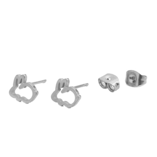 Image de Boucles d'Oreilles Puces en 304 Acier Inoxydable Argent Mat Lapin 9mm x 8mm , Epaisseur de Fil: (20 gauge), 1 Paire