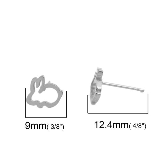 Image de Boucles d'Oreilles Puces en 304 Acier Inoxydable Argent Mat Lapin 9mm x 8mm , Epaisseur de Fil: (20 gauge), 1 Paire