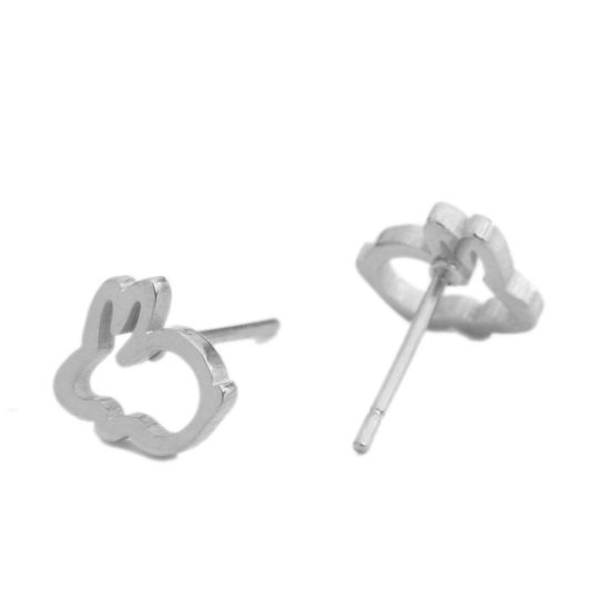 Image de Boucles d'Oreilles Puces en 304 Acier Inoxydable Argent Mat Lapin 9mm x 8mm , Epaisseur de Fil: (20 gauge), 1 Paire
