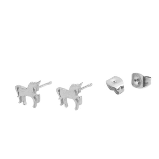 Image de Boucles d'Oreilles Puces en 304 Acier Inoxydable Argent Mat Cheval 9mm x 8mm , Epaisseur de Fil: (20 gauge), 1 Paire