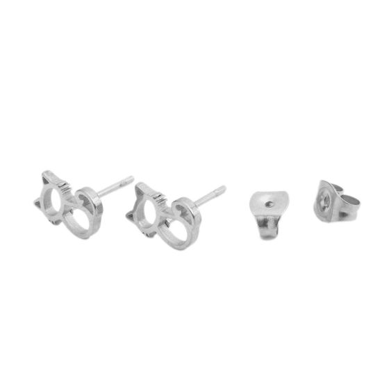 Image de Boucles d'Oreilles Puces en 304 Acier Inoxydable Argent Mat Chat 10mm x 7mm , Epaisseur de Fil: (20 gauge), 1 Paire