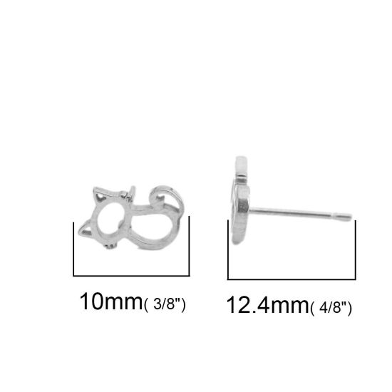 Image de Boucles d'Oreilles Puces en 304 Acier Inoxydable Argent Mat Chat 10mm x 7mm , Epaisseur de Fil: (20 gauge), 1 Paire