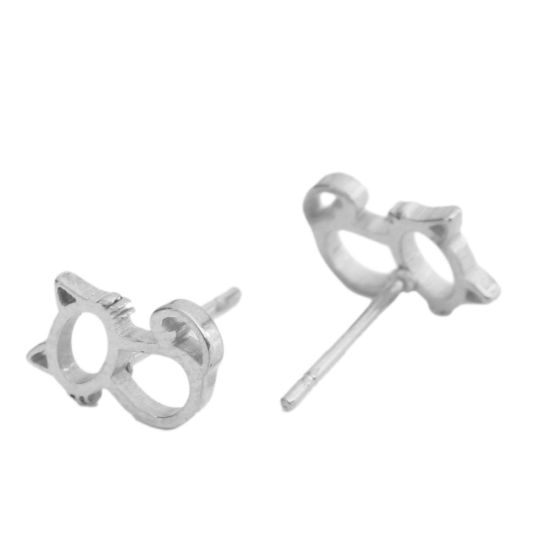 Image de Boucles d'Oreilles Puces en 304 Acier Inoxydable Argent Mat Chat 10mm x 7mm , Epaisseur de Fil: (20 gauge), 1 Paire