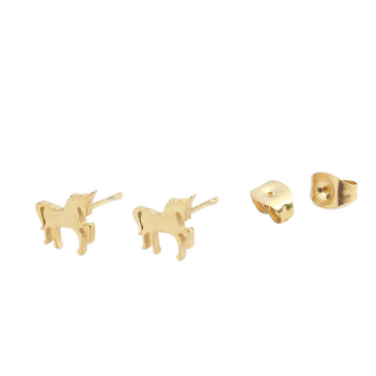 Image de Boucles d'Oreilles Puces en 304 Acier Inoxydable Doré Cheval 9mm x 8mm , Epaisseur de Fil: (20 gauge), 1 Paire