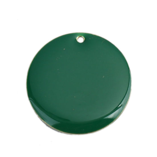 Image de Breloques Sequins Emaillés Double Face en Laiton Rond Doré Vert Foncé 25mm Dia, 5 Pcs