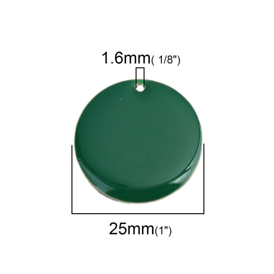 Image de Breloques Sequins Emaillés Double Face en Laiton Rond Doré Vert Foncé 25mm Dia, 5 Pcs