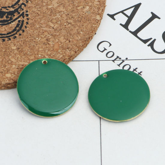 Image de Breloques Sequins Emaillés Double Face en Laiton Rond Doré Vert Foncé 25mm Dia, 5 Pcs