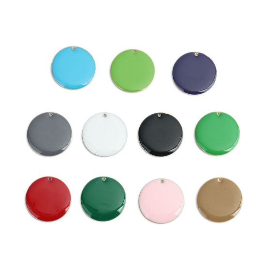 Image de Breloques Sequins Emaillés Double Face en Laiton Rond Doré Vert Foncé 25mm Dia, 5 Pcs