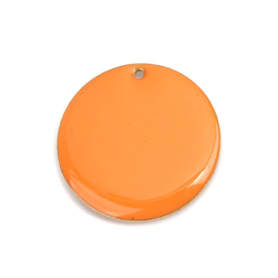 Image de Breloques Sequins Emaillés Double Face en Laiton Rond Doré Orange 25mm Dia, 5 Pcs