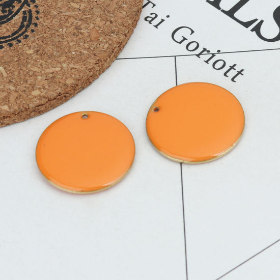 Image de Breloques Sequins Emaillés Double Face en Laiton Rond Doré Orange 25mm Dia, 5 Pcs