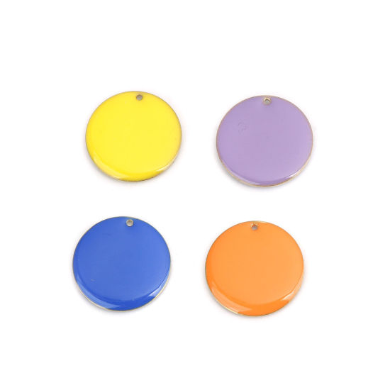 Image de Breloques Sequins Emaillés Double Face en Laiton Rond Doré Orange 25mm Dia, 5 Pcs