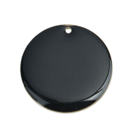 Image de Breloques Sequins Emaillés Double Face en Laiton Rond Doré Noir 25mm Dia, 5 Pcs