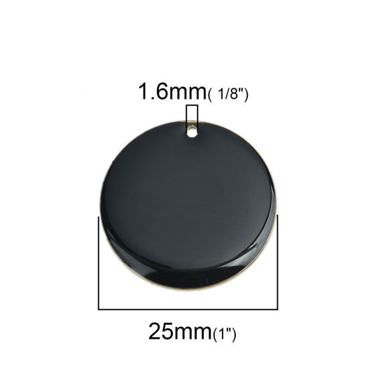 Image de Breloques Sequins Emaillés Double Face en Laiton Rond Doré Noir 25mm Dia, 5 Pcs