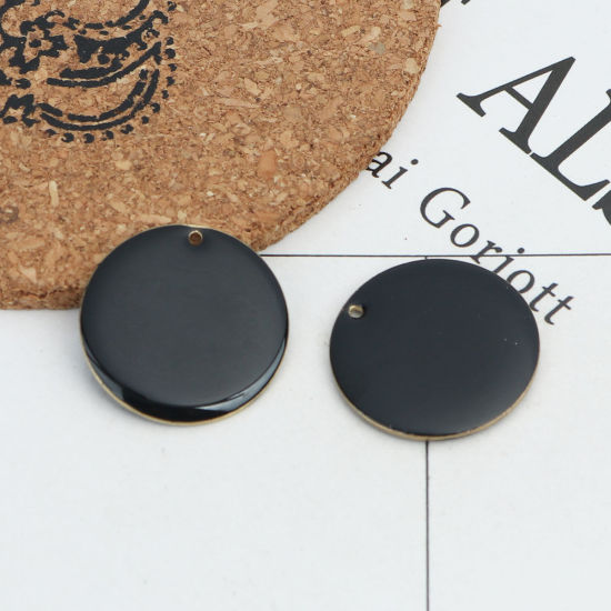 Image de Breloques Sequins Emaillés Double Face en Laiton Rond Doré Noir 25mm Dia, 5 Pcs