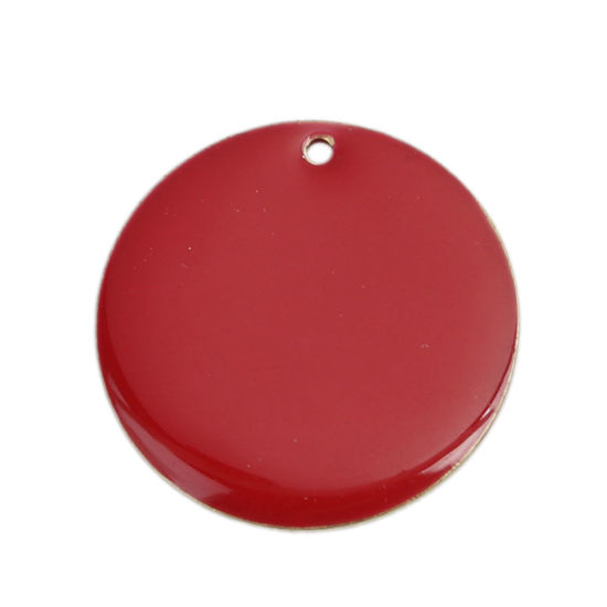 Image de Breloques Sequins Emaillés Double Face en Laiton Rond Doré Rouge 25mm Dia, 5 Pcs