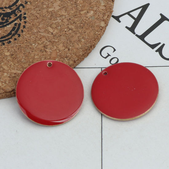 Image de Breloques Sequins Emaillés Double Face en Laiton Rond Doré Rouge 25mm Dia, 5 Pcs