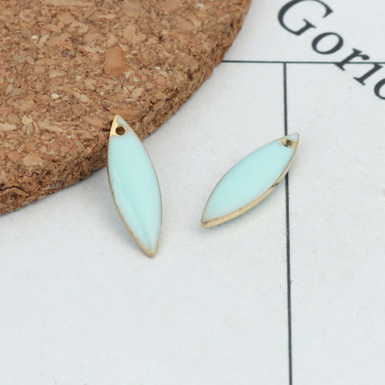 Image de 10 Pcs Breloques Sequins Emaillés Double Face en Laiton Doré Bleu Clair Marquise 16mm x 5mm