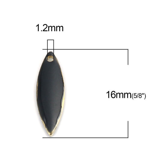 Image de 10 Pcs Breloques Sequins Emaillés Double Face en Laiton Doré Noir Marquise 16mm x 5mm