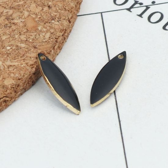 Image de 10 Pcs Breloques Sequins Emaillés Double Face en Laiton Doré Noir Marquise 16mm x 5mm