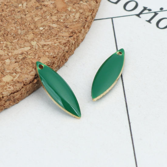 Image de 10 Pcs Breloques Sequins Emaillés Double Face en Laiton Doré Vert Foncé Marquise 16mm x 5mm