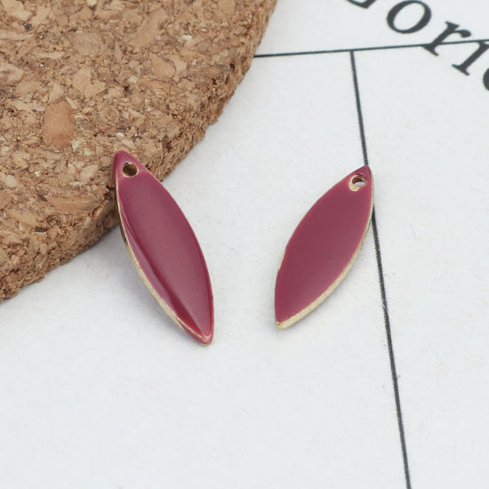 Image de 10 Pcs Breloques Sequins Emaillés Double Face en Laiton Doré Fuchsia Marquise 16mm x 5mm