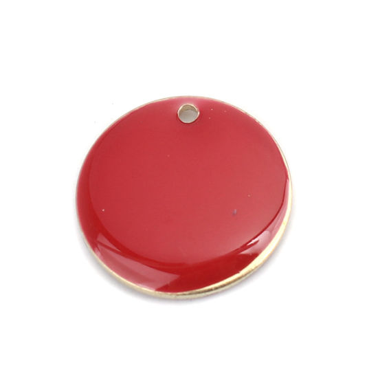 Image de Breloques Sequins Emaillés Double Face en Laiton Rond Doré Rouge 16mm Dia, 10 Pcs