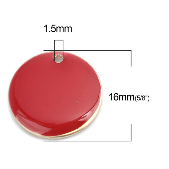 Image de Breloques Sequins Emaillés Double Face en Laiton Rond Doré Rouge 16mm Dia, 10 Pcs