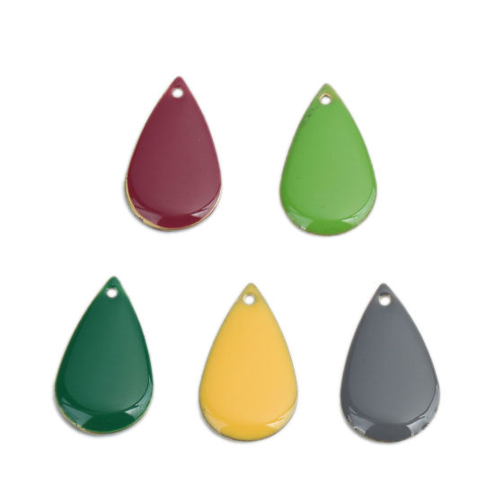Image de Breloques Sequins Emaillés Double Face en Laiton Goutte d'Eau Doré Fuchsia 21mm x 13mm, 10 Pcs
