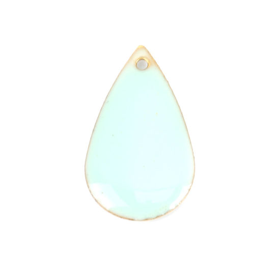 Image de Breloques Sequins Emaillés Double Face en Laiton Goutte d'Eau Doré Bleu Clair 21mm x 13mm, 10 Pcs
