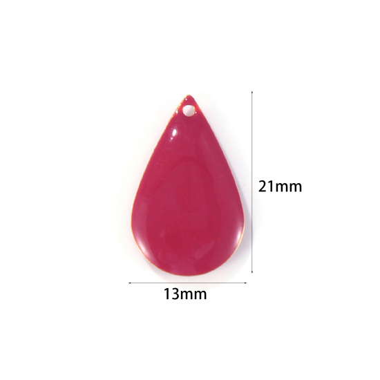 Image de Breloques Sequins Emaillés Double Face en Laiton Goutte d'Eau Doré Fuchsia 21mm x 13mm, 10 Pcs