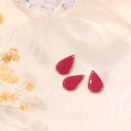Image de Breloques Sequins Emaillés Double Face en Laiton Goutte d'Eau Doré Fuchsia 21mm x 13mm, 10 Pcs