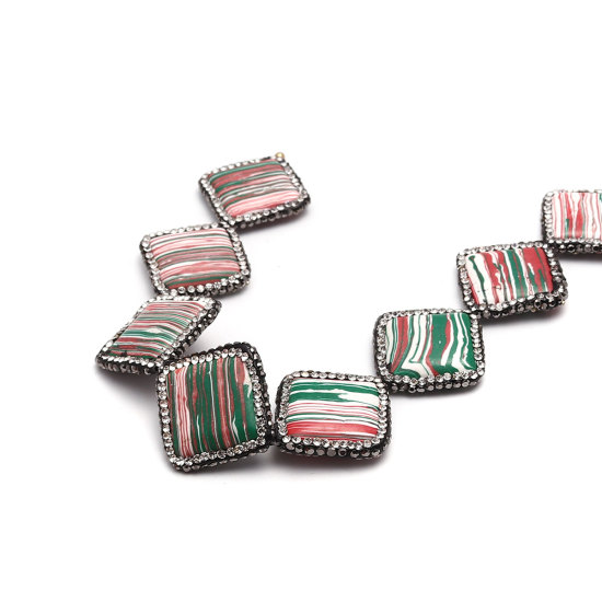 天然石 ( 天然 ) 宝石マイクロインレイシリーズ ビーズ 菱形 縞模様 多色 手作り 約 黒+透明ラインストーン 3cm x 3cm、 穴: 約 1mm、 1 個 の画像