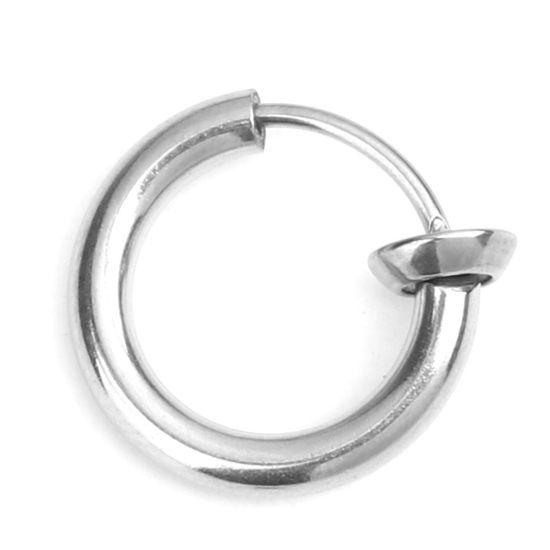 Picture of 304 Stainless Steel Non Piercing Fake Clip On Hoop Earrings Circle Ring Silver Tone 13mm x 12mm, 2 PCs