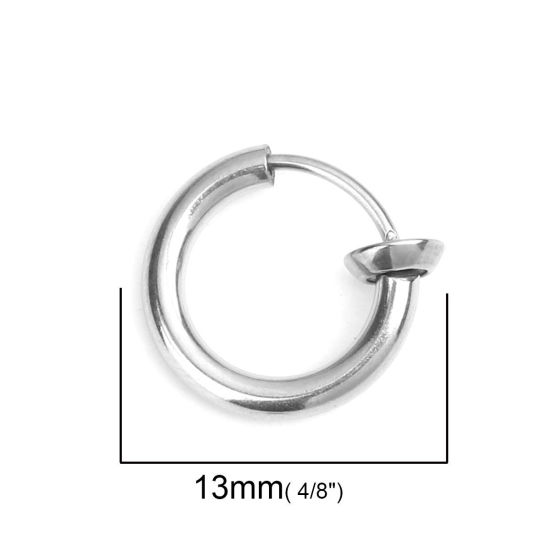Picture of 304 Stainless Steel Non Piercing Fake Clip On Hoop Earrings Circle Ring Silver Tone 13mm x 12mm, 2 PCs