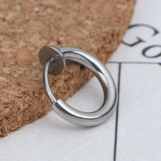 Picture of 304 Stainless Steel Non Piercing Fake Clip On Hoop Earrings Circle Ring Silver Tone 13mm x 12mm, 2 PCs