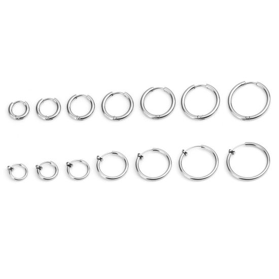 Picture of 304 Stainless Steel Non Piercing Fake Clip On Hoop Earrings Circle Ring Silver Tone 13mm x 12mm, 2 PCs