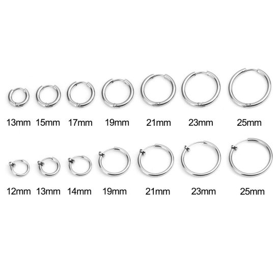 Picture of 304 Stainless Steel Non Piercing Fake Clip On Hoop Earrings Circle Ring Silver Tone 13mm x 12mm, 2 PCs