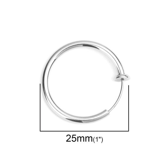 Picture of 304 Stainless Steel Non Piercing Fake Clip On Hoop Earrings Circle Ring Silver Tone 25mm x 24mm, 2 PCs