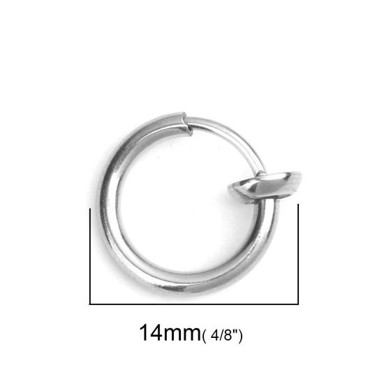 Picture of 304 Stainless Steel Non Piercing Fake Clip On Hoop Earrings Circle Ring Silver Tone 14mm x 13mm, 2 PCs