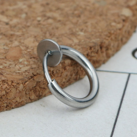 Picture of 304 Stainless Steel Non Piercing Fake Clip On Hoop Earrings Circle Ring Silver Tone 14mm x 13mm, 2 PCs