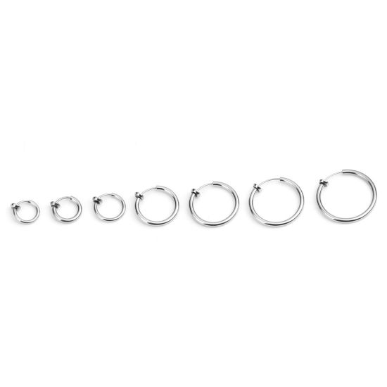 Picture of 304 Stainless Steel Non Piercing Fake Clip On Hoop Earrings Circle Ring Silver Tone 14mm x 13mm, 2 PCs